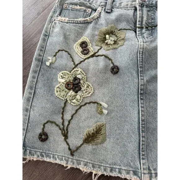 Le Jealous Vintage Denim Skirt Y2K Beaded Floral 42 Large Boho Hippie Festival - Picture 3 of 9